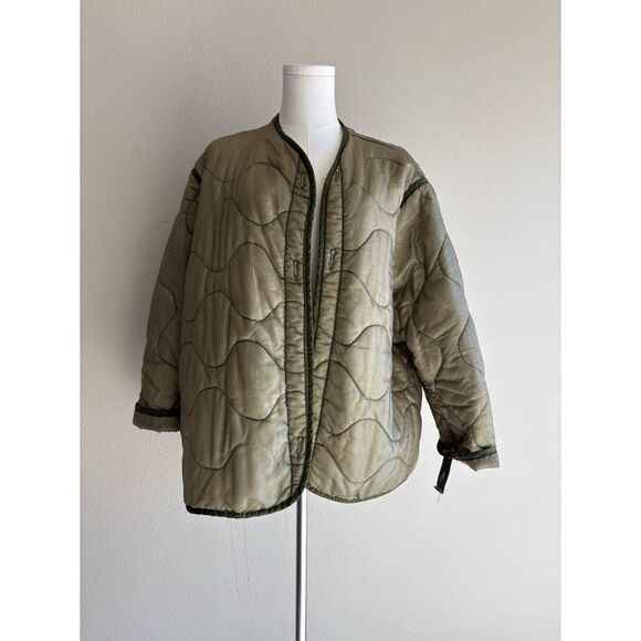 vintage army olive green quilted open front jacket - Picture 2 of 6